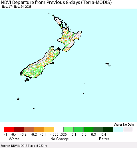 New Zealand NDVI Departure from Previous 8-days (Terra-MODIS) Thematic Map For 11/17/2023 - 11/24/2023