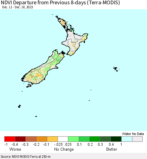 New Zealand NDVI Departure from Previous 8-days (Terra-MODIS) Thematic Map For 12/11/2023 - 12/18/2023