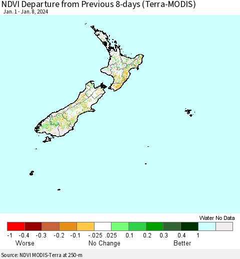 New Zealand NDVI Departure from Previous 8-days (Terra-MODIS) Thematic Map For 1/1/2024 - 1/8/2024