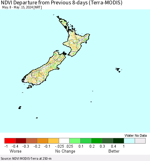 New Zealand NDVI Departure from Previous 8-days (Terra-MODIS) Thematic Map For 5/8/2024 - 5/15/2024