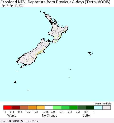 New Zealand Cropland NDVI Departure from Previous 8-days (Terra-MODIS) Thematic Map For 4/7/2021 - 4/14/2021