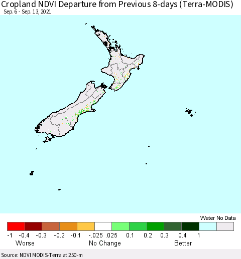 New Zealand Cropland NDVI Departure from Previous 8-days (Terra-MODIS) Thematic Map For 9/6/2021 - 9/13/2021