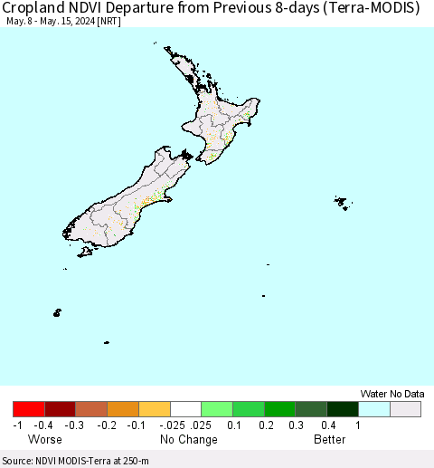 New Zealand Cropland NDVI Departure from Previous 8-days (Terra-MODIS) Thematic Map For 5/8/2024 - 5/15/2024