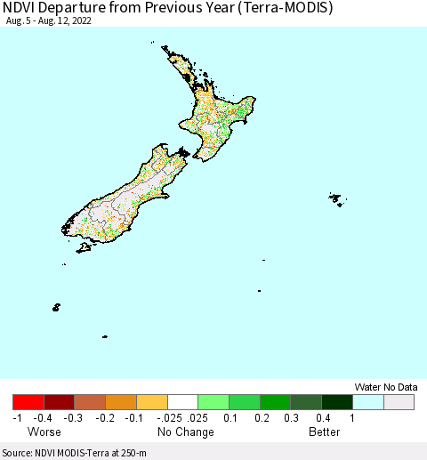 New Zealand NDVI Departure from Previous Year (Terra-MODIS) Thematic Map For 8/5/2022 - 8/12/2022