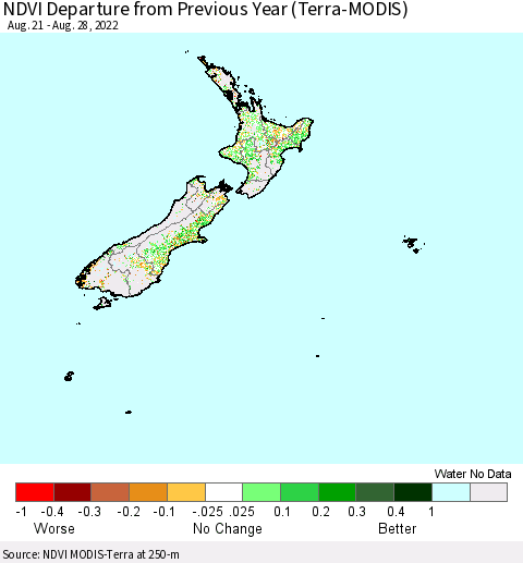 New Zealand NDVI Departure from Previous Year (Terra-MODIS) Thematic Map For 8/21/2022 - 8/28/2022