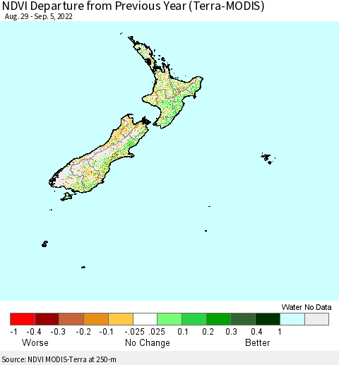 New Zealand NDVI Departure from Previous Year (Terra-MODIS) Thematic Map For 8/29/2022 - 9/5/2022
