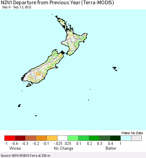 New Zealand NDVI Departure from Previous Year (Terra-MODIS) Thematic Map For 9/6/2022 - 9/13/2022
