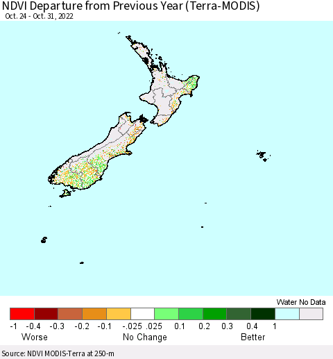 New Zealand NDVI Departure from Previous Year (Terra-MODIS) Thematic Map For 10/24/2022 - 10/31/2022