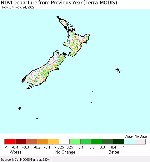 New Zealand NDVI Departure from Previous Year (Terra-MODIS) Thematic Map For 11/17/2022 - 11/24/2022