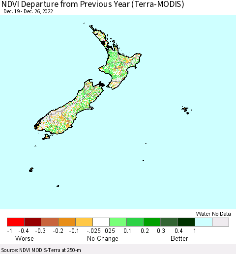 New Zealand NDVI Departure from Previous Year (Terra-MODIS) Thematic Map For 12/19/2022 - 12/26/2022