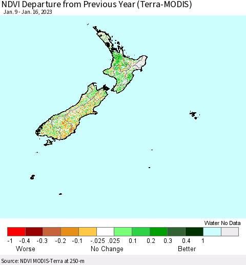 New Zealand NDVI Departure from Previous Year (Terra-MODIS) Thematic Map For 1/9/2023 - 1/16/2023