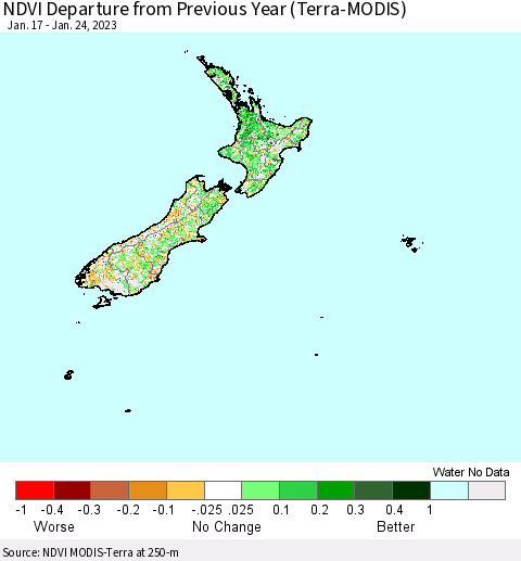 New Zealand NDVI Departure from Previous Year (Terra-MODIS) Thematic Map For 1/17/2023 - 1/24/2023