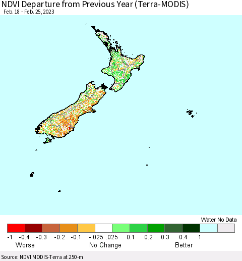 New Zealand NDVI Departure from Previous Year (Terra-MODIS) Thematic Map For 2/18/2023 - 2/25/2023