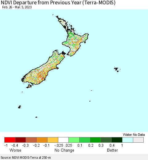 New Zealand NDVI Departure from Previous Year (Terra-MODIS) Thematic Map For 2/26/2023 - 3/5/2023