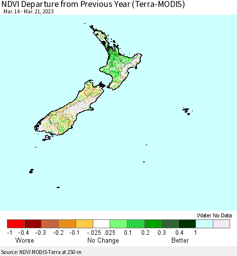 New Zealand NDVI Departure from Previous Year (Terra-MODIS) Thematic Map For 3/14/2023 - 3/21/2023