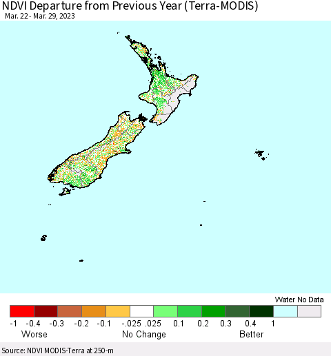 New Zealand NDVI Departure from Previous Year (Terra-MODIS) Thematic Map For 3/22/2023 - 3/29/2023