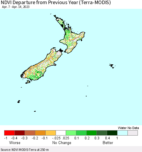 New Zealand NDVI Departure from Previous Year (Terra-MODIS) Thematic Map For 4/7/2023 - 4/14/2023