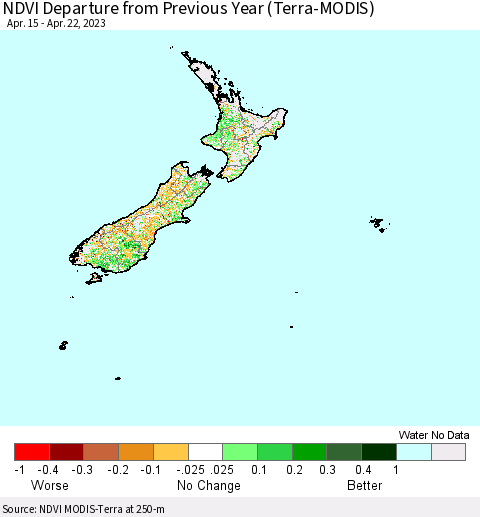 New Zealand NDVI Departure from Previous Year (Terra-MODIS) Thematic Map For 4/15/2023 - 4/22/2023