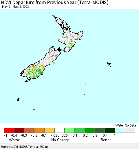 New Zealand NDVI Departure from Previous Year (Terra-MODIS) Thematic Map For 5/1/2023 - 5/8/2023