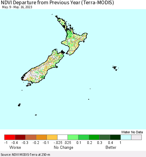 New Zealand NDVI Departure from Previous Year (Terra-MODIS) Thematic Map For 5/9/2023 - 5/16/2023