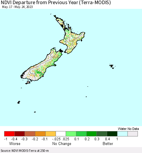 New Zealand NDVI Departure from Previous Year (Terra-MODIS) Thematic Map For 5/17/2023 - 5/24/2023