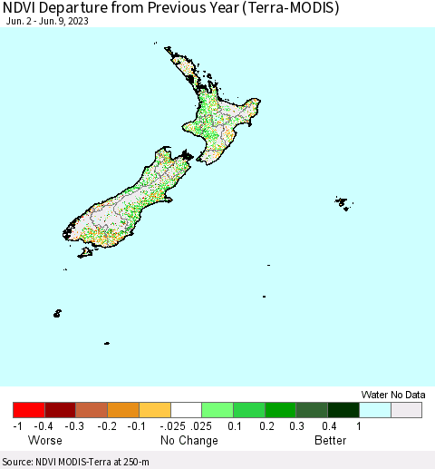 New Zealand NDVI Departure from Previous Year (Terra-MODIS) Thematic Map For 6/2/2023 - 6/9/2023