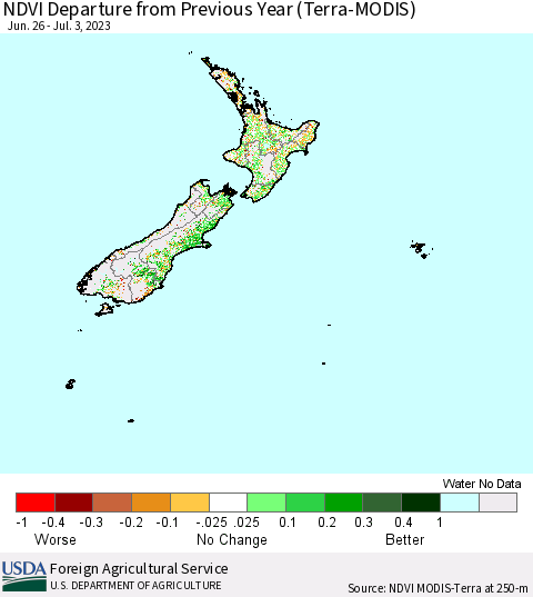 New Zealand NDVI Departure from Previous Year (Terra-MODIS) Thematic Map For 6/26/2023 - 7/3/2023
