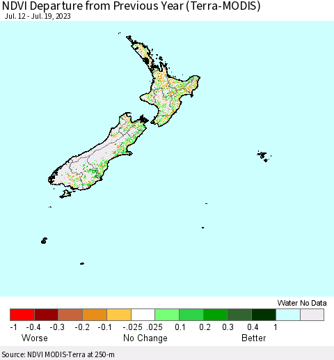 New Zealand NDVI Departure from Previous Year (Terra-MODIS) Thematic Map For 7/12/2023 - 7/19/2023