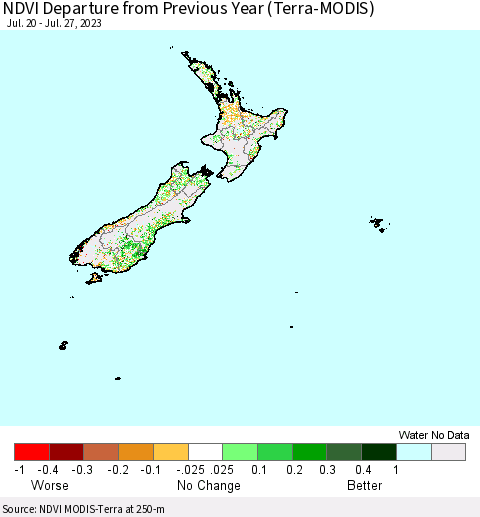 New Zealand NDVI Departure from Previous Year (Terra-MODIS) Thematic Map For 7/20/2023 - 7/27/2023