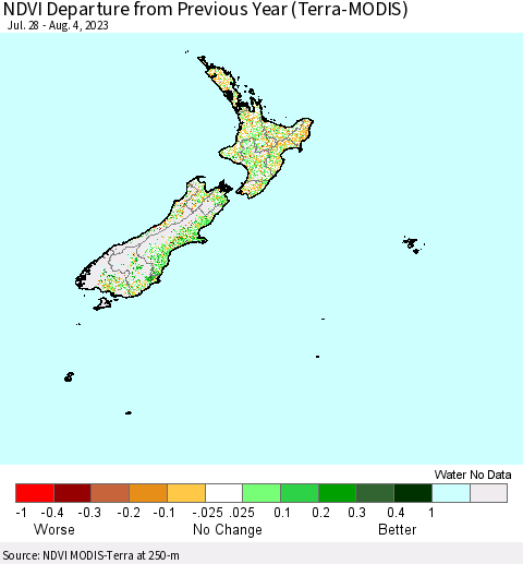 New Zealand NDVI Departure from Previous Year (Terra-MODIS) Thematic Map For 7/28/2023 - 8/4/2023
