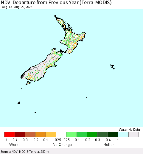 New Zealand NDVI Departure from Previous Year (Terra-MODIS) Thematic Map For 8/13/2023 - 8/20/2023