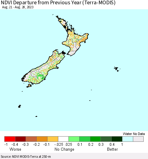New Zealand NDVI Departure from Previous Year (Terra-MODIS) Thematic Map For 8/21/2023 - 8/28/2023