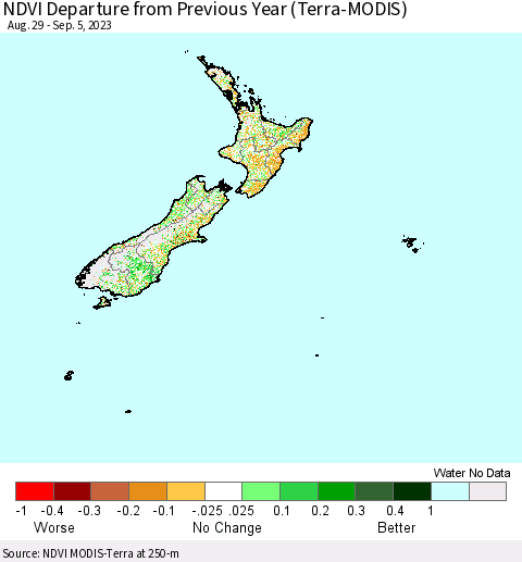 New Zealand NDVI Departure from Previous Year (Terra-MODIS) Thematic Map For 8/29/2023 - 9/5/2023