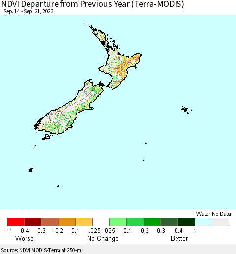 New Zealand NDVI Departure from Previous Year (Terra-MODIS) Thematic Map For 9/14/2023 - 9/21/2023