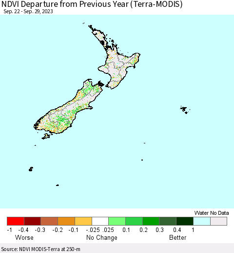 New Zealand NDVI Departure from Previous Year (Terra-MODIS) Thematic Map For 9/22/2023 - 9/29/2023