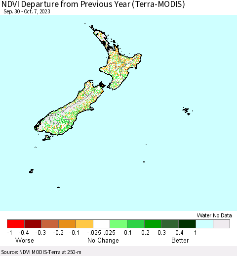 New Zealand NDVI Departure from Previous Year (Terra-MODIS) Thematic Map For 9/30/2023 - 10/7/2023