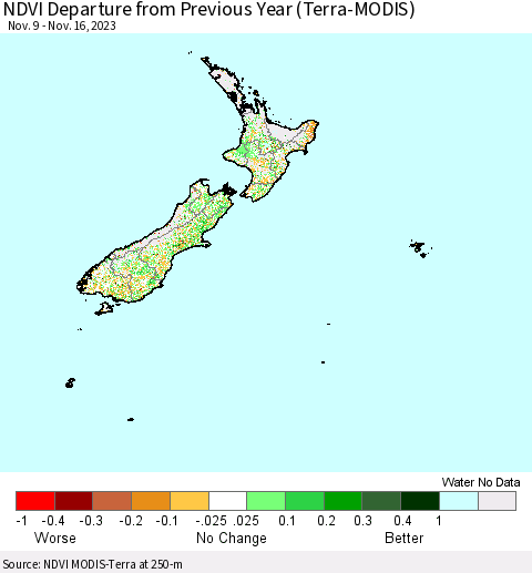 New Zealand NDVI Departure from Previous Year (Terra-MODIS) Thematic Map For 11/9/2023 - 11/16/2023