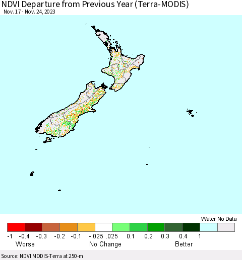 New Zealand NDVI Departure from Previous Year (Terra-MODIS) Thematic Map For 11/17/2023 - 11/24/2023