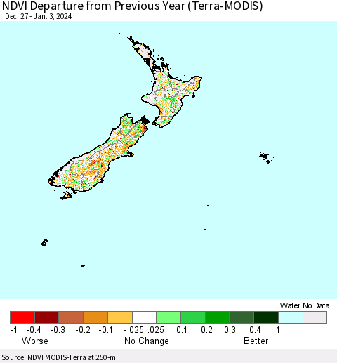 New Zealand NDVI Departure from Previous Year (Terra-MODIS) Thematic Map For 12/27/2023 - 1/3/2024