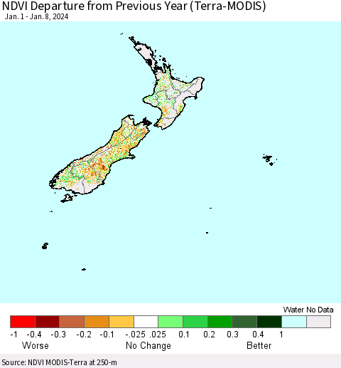 New Zealand NDVI Departure from Previous Year (Terra-MODIS) Thematic Map For 1/1/2024 - 1/8/2024