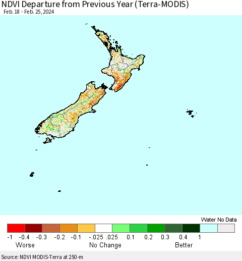 New Zealand NDVI Departure from Previous Year (Terra-MODIS) Thematic Map For 2/18/2024 - 2/25/2024