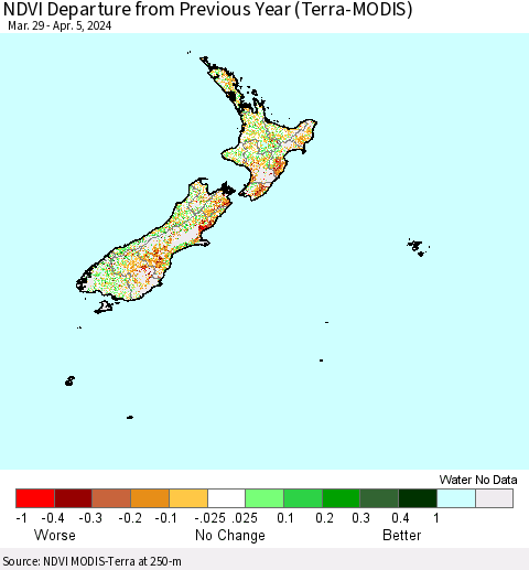 New Zealand NDVI Departure from Previous Year (Terra-MODIS) Thematic Map For 3/29/2024 - 4/5/2024