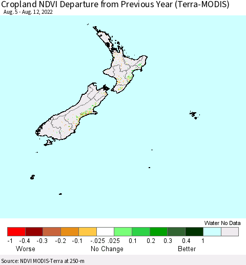 New Zealand Cropland NDVI Departure from Previous Year (Terra-MODIS) Thematic Map For 8/5/2022 - 8/12/2022