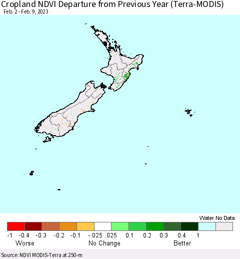 New Zealand Cropland NDVI Departure from Previous Year (Terra-MODIS) Thematic Map For 2/2/2023 - 2/9/2023