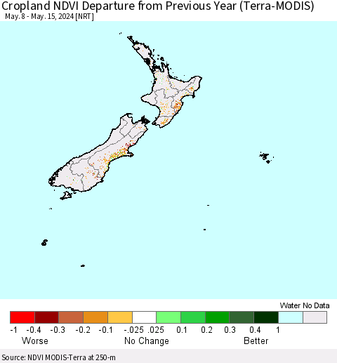 New Zealand Cropland NDVI Departure from Previous Year (Terra-MODIS) Thematic Map For 5/8/2024 - 5/15/2024