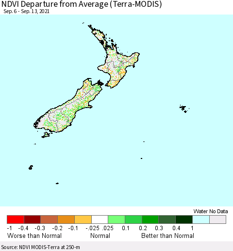 New Zealand NDVI Departure from Average (Terra-MODIS) Thematic Map For 9/6/2021 - 9/13/2021