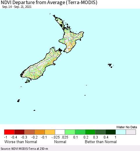New Zealand NDVI Departure from Average (Terra-MODIS) Thematic Map For 9/14/2021 - 9/21/2021