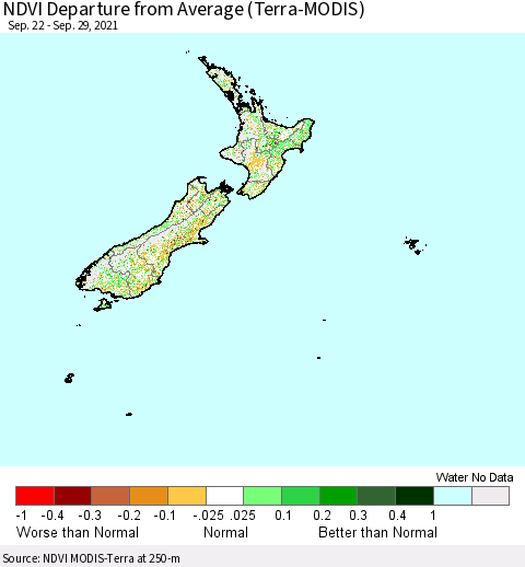 New Zealand NDVI Departure from Average (Terra-MODIS) Thematic Map For 9/22/2021 - 9/29/2021