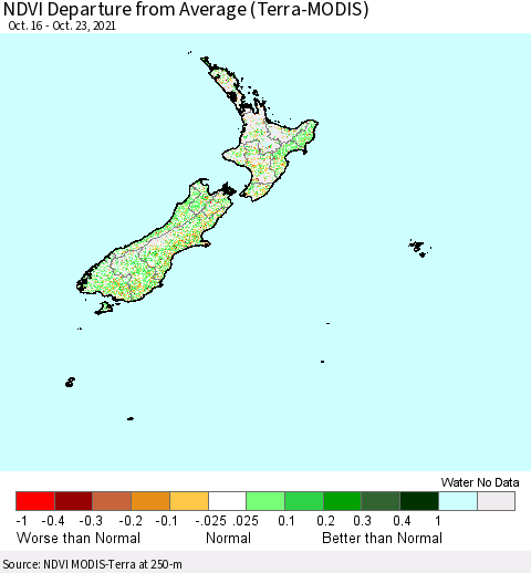 New Zealand NDVI Departure from Average (Terra-MODIS) Thematic Map For 10/16/2021 - 10/23/2021