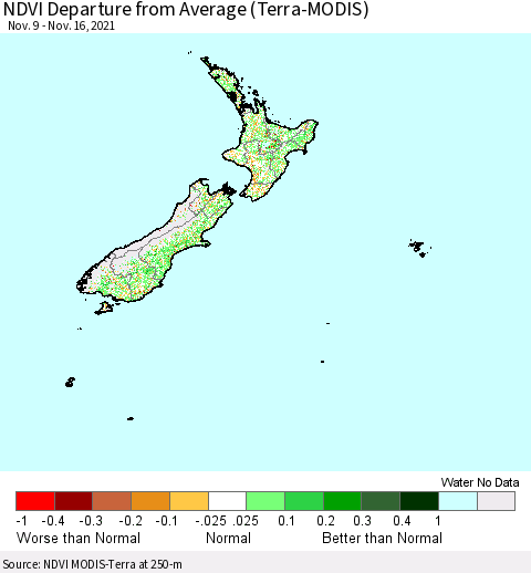 New Zealand NDVI Departure from Average (Terra-MODIS) Thematic Map For 11/9/2021 - 11/16/2021
